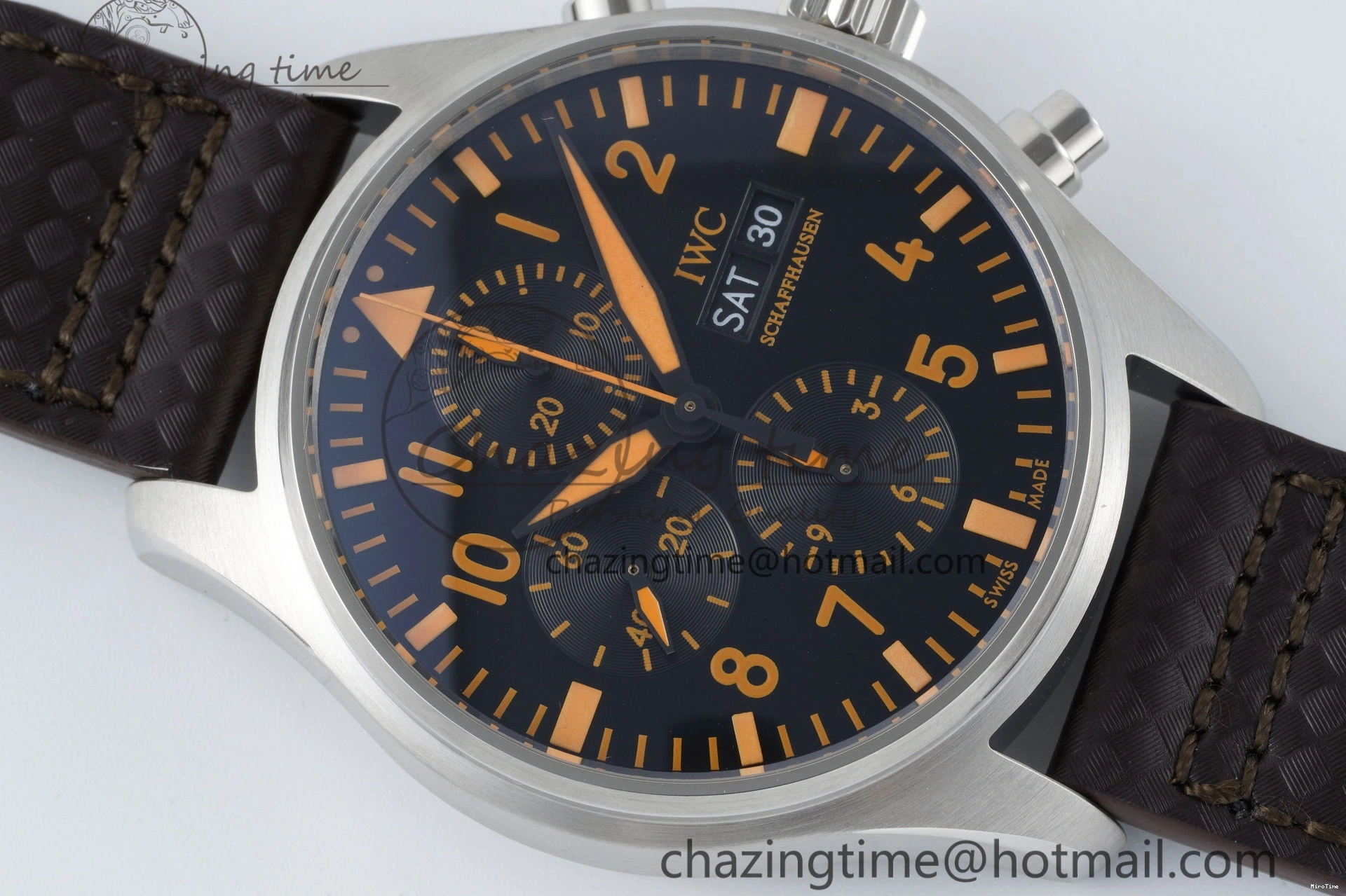 MIROTIME 0118 Pilot Chrono SS AZF 1:1 Best Edition Black Dial Orange Markers on Brown Leather Strap A EasyCare 7065